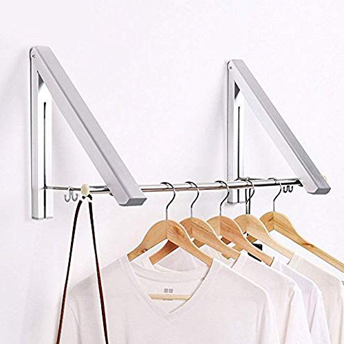 Aluminium Wall Mounted Foldable Folding Clothes Rack | Triangle Hanger | Retractable Clothes Hanging Airer | Indoor Outdoor Bedroom Bathroom Balcony | Silver (Double)