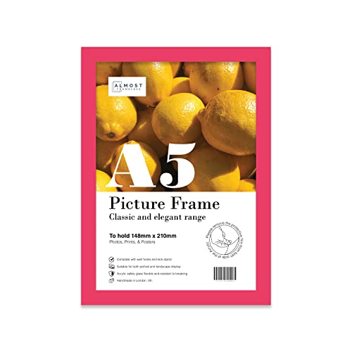 Almost Frameless A5 Bright Pink Picture Frame Fits A5 (14.8 x 21cm - 5.8 x 8.3in) Poster, Photo, Artwork, or Print. Thin Edge Slim Frame Portrait and Landscape Display with Wall Hooks
