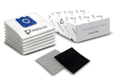 6 pack of HEPA bags and 2 post Filters for the Prolux Tritan series upright vacuum cleaners