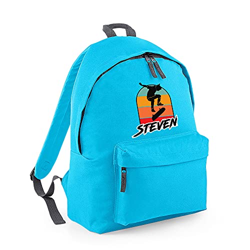 Personalised ANY NAME Skateboarding, Silhouette Skater, Skateboarder Gift for Unisex Kids Boys/Girls/Toddler/Children, Fashion Backpack for Nursery, Rucksack Shoulder Bag. (Surf Blue Graphite Grey)
