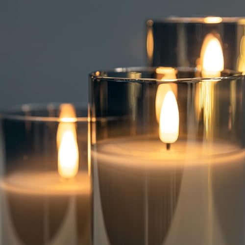 Image of Grey Glass Flameless Candles Real Wax LED Pillar Candles Set of 3 | 3D Black Wick Flame Effect Warm Flickering Glow 2 /4 /6 /8H Timer Safe Home Lighting for Bedroom, Wedding & Holiday Decor