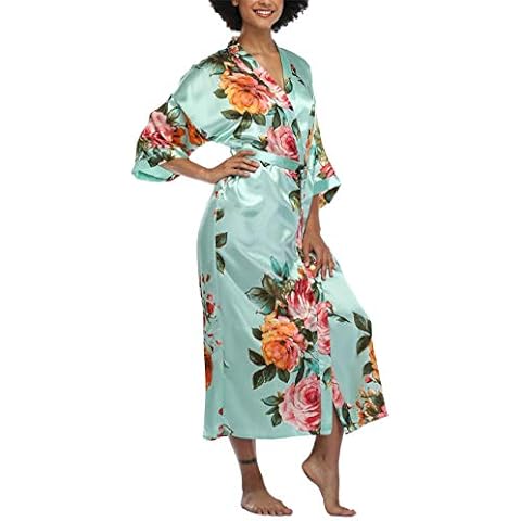 Qurvoo Womens Silky Floral Long Satin Bathrobe Bridesmaid Robe Wedding Party Getting Ready Kimono Light Blue S/M/L Cover