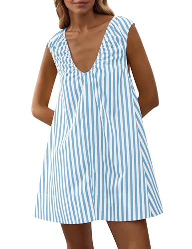 Image of Women Summer Sleeveless Babydoll Mini Dress Scoop Neck Loose Fit Tank Dresses Party Ruched Short Dress with Pockets