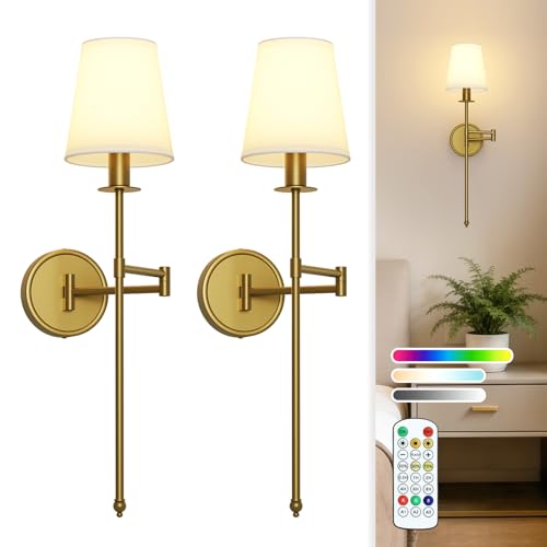 Image of Joosenhouse Battery Operated Wall Sconces (Set of 2), Wireless Dimmable Wall Lights, 9 RGB Color Options, 24.8-inch Brass Indoor Wall Lamps, for Decorating bedrooms, Living Rooms, and hallways