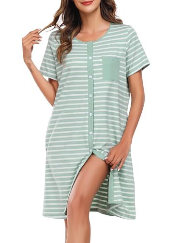 Lovasy Camisones De Mujer Verano Manga Corta Botones Rayas Pijama Lactancia con Bolsillos,Verde Claro,M