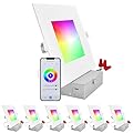 LUXRITE 6 Inch Square Smart LED Recessed Lighting, RGBW Color Changing, WiFi App Control, Voice Control with Alexa and Google Home, No Hub Required, 13W 1000LM, CRI 90, IC Rated, Wet Rated (6 Pack)