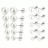 TSUOUKL 5 Pares Pendientes de Botón para Mujer en Plata de Ley 925 con Perlas de Agua Dulce, Pendientes de Perlas Blanca, Clásicos Pendientes Plata Perlas Naturales