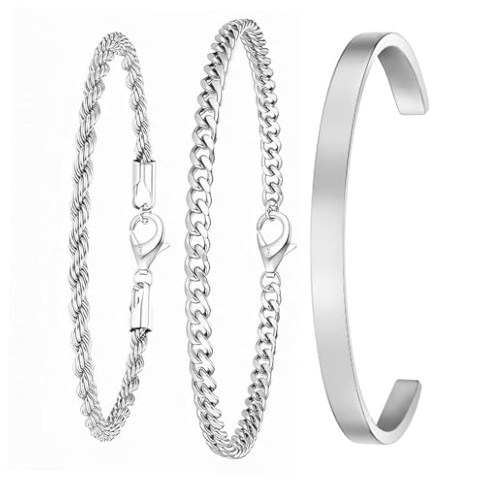 Men's Silver Plated Set of 3 Link Chain & Kada Bracelet