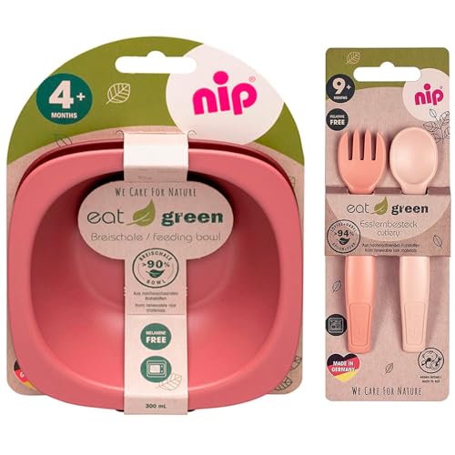 NIP öko bio Geschirrset GIRLS ab 9. Monat, 2 Breischale + Eat Green öko bio Esslernbesteck, geeignet für die Mikrowelle, Melamin frei, BPA frei, Spülmaschinenfest, made in Germany
