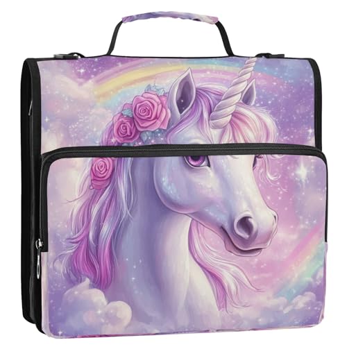 Boccsty Cute Unicorn Head Rainbow Zipper Binder 3 Ring Binders Expanding File Folder Multi-Pocket Zipper Binder Organizer for School Shoulder Strap and Handle