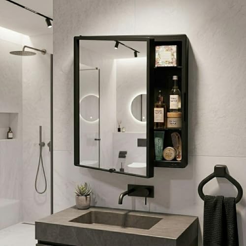 Image of CIPLA PLAST New Rich Look Bathroom Cabinet with Mirror | Storage Organiser | Strong Plastic Bathroom Shelves Wall Mounted | Bathroom Accessories| Mirror Cabinet (Black with Towel Ring)