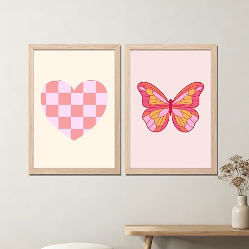 Image of NoWorries Cute Heart & Butterfly Wall Painting with Frame Pink Check Heart and Colorful Butterfly Premium Artwork, Aesthetic Wall Decor for Kids Room, Bedroom, Living Room, Office (Art-3, 21x31inch)