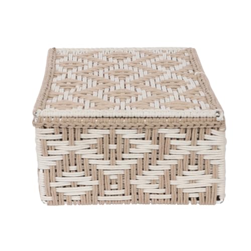 Image of Kaahira Handmade Decorative Storage Box and Organiser | Macrame Gift Hamper Box for Cosmetics, Toiletries & Return Gifts | Aesthetic Rope Woven Organizer (Beige and White, Large - 14x10x4)