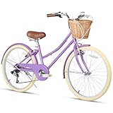 Glerc 24 Inch Beach Cruiser Bike, 6-Speed Hybrid City Bicycle for Girls Youth and Over 6 Years Old, Missy Bike with Wicker Basket & Lightweight, Purple