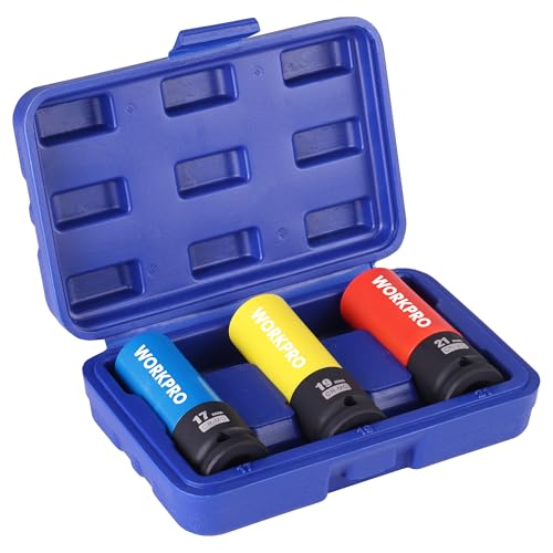 WORKPRO Jeu de 3 Douilles à Choc 1/2', Douilles à Impact en CR-MO 17 mm, 19 mm, 21 mm, avec Boîte de Rangement, pour Protection de Jante Aluminium de Voiture