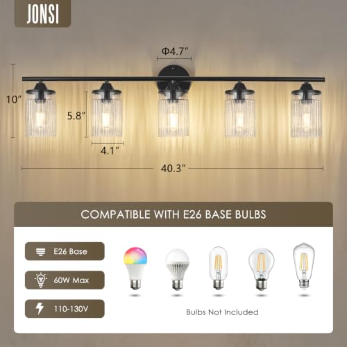 Image of Jonsi Bkack Bathroom Light Fixtures 5-Light Vanity Lights Modern Wall Sconce with Clear Glass Shade Bathroom Light Fixture Over Mirror for Bedroom Hallway Kitchen