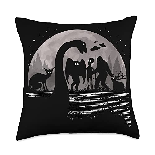 Folklore | Cryptid Gifts | Thebigfoottzoology Co. Bigfoot Loch Ness Monster and Mothman UFOs Chupacabra Alien Throw Pillow, 18x18, Multicolor