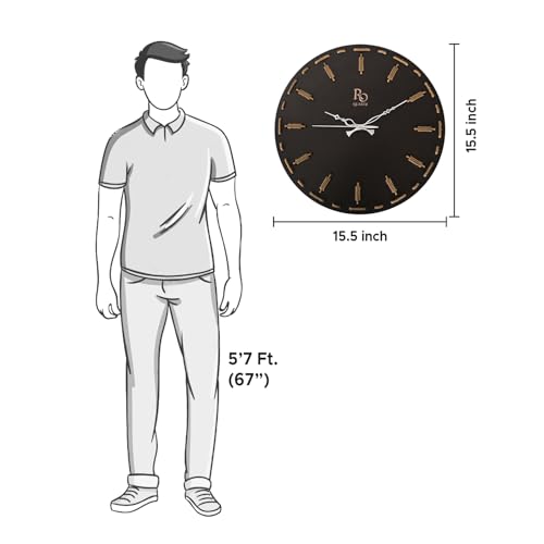 Image of Wooden Round Shape Wall Clock With Silver Hands and Golden Jute Rope Detailing | Elegant Silent Quartz Movement Anti Reflection Analog Vintage Clock for Home and Office (Black, 15.5 Inch)
