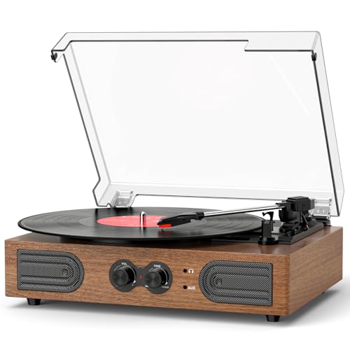 Image of Vinyl Record Player with Built-in Stereo Speakers, 3-Speed Belt-Drive Turntable, Treble & Bass Control, RCA-Out /AUX-in, 3.5mm Headphone Jack-Vintage LP Player for Home & Gifts, Walnut