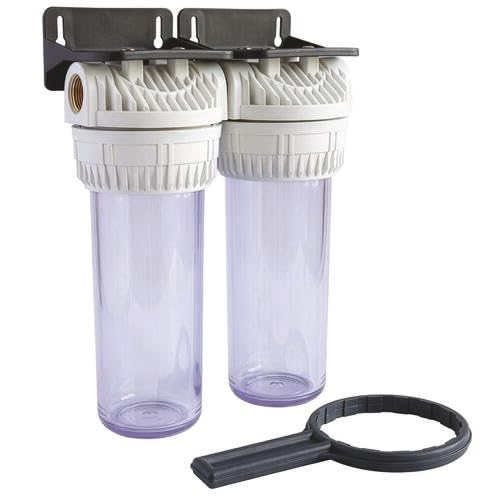 AQUAWATER - Station Double Filtre 107223 - Dimension Standard 9''3/4 - Pour Traitement d'Eau - Équerre de Fixation et Clé de Desserrage Incluses - Blanc - Ø9.75 x 25 cm - Débit Max 1.5 m3/h | Doublez votre filtration avec cette station polyvalente, compat