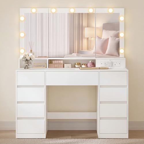 VASAGLE KAILYN Collection - Dressing Table with Tri-Fold Mirror, Vanity Table with 11 Bulbs, Power Outlets, 9 Drawers, 3 Colours, Tool-Free Drawer Slides Assembly, Cloud White RDT146WB02