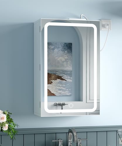 Rovaurx Medicine Cabinet with Mirror, 15.7 x 23.6 Inch Bathroom Wall Cabinet with Lights, LED Bathroom Mirror with Storage, Adjustable Shelf, 3-Color Modes, 2 Outlets & USBs, White BMGZ115W