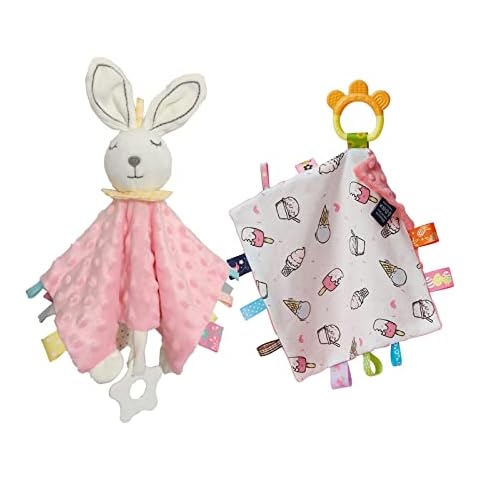 Upalupa Bunny Lovey Blanket and Minky Dot Fabric Tags Security Blanket, Pink Cover