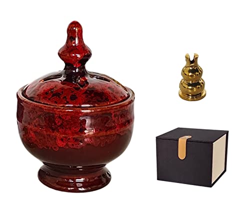 KOPYFANTAP Brûleur d'encens en céramique - Porte-encens rond - Pagode chinoise - Bol d'encens avec tapis ignifuge et mini support en laiton - 9 x 13 cm - Rouge Cover