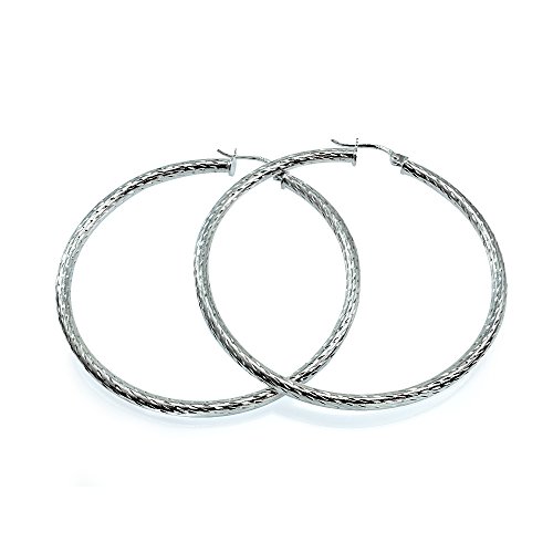 Hoops & Loops - Sterling Silver 2.5mm Diamond Cut Click Top Hoop Earrings in Sizes 40mm & 50mm | Sterling Silver, Yellow & Rose Gold Flash Plated2