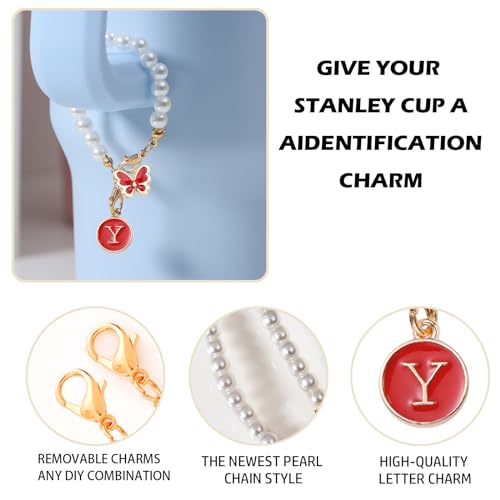 Image of Accessories for Stanley Cup Pearl Chain Initial Accessoriess for Handle Stuff Decor Water Bottle Jewelry Tumbler Cute Simple Modern Personalized Name ID Decorations Letter Red Tag Y