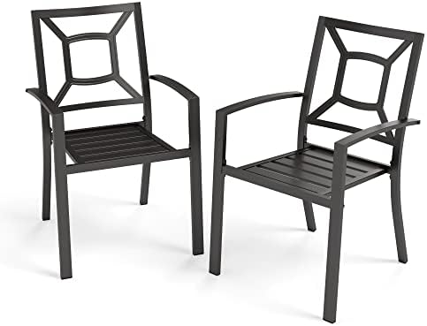 PHI VILLA 2 Pcs Metal Patio Outdoor Dining Chairs with Armrest, 2 Pack Stackable Wrought Iron Bistro Chairs, Portable Chairs Set of 2 for Garden Backyard Poolside, Supports 300 lbs, Black