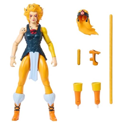 Masters of The Universe Origins & Thundercats Actionfigur Geparda, bewegliches 1980er Crossover-Spielzeug, ca. 14 cm groß, abnehmbare Rüstung, Stab und Mini-Comic, JFW94