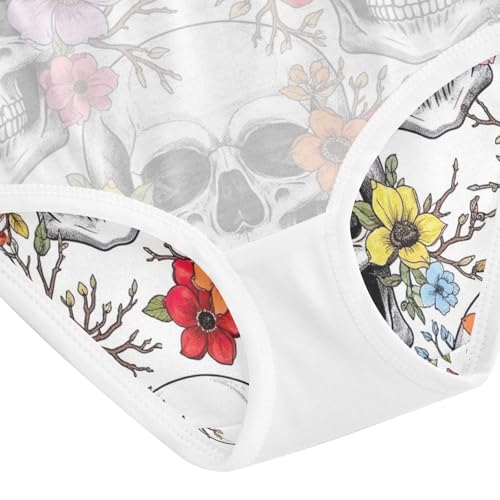 Kids Underwear, White Skull Colorful Flower Toddler Panties, Cotton Underwear Girls, 2T–8 Years4