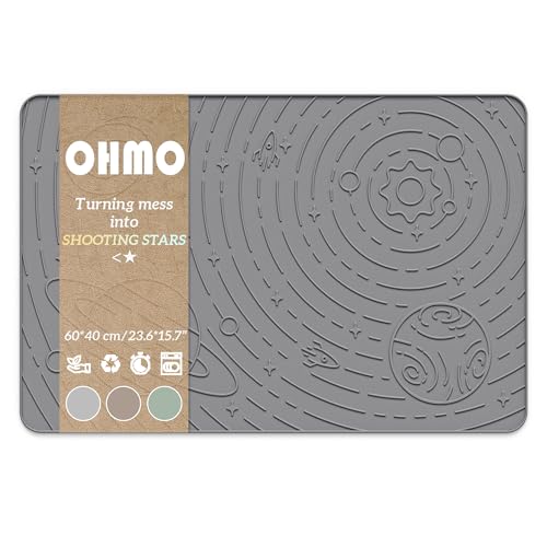 OHMO Tappetino Ciotola per Cane e Gatto(60x40cm, Grigio Scuro, Galassia) Silicone Impermeabile Antiscivolo a Prova di Fuoriuscita per Cibo e Acqua, Senza BPA