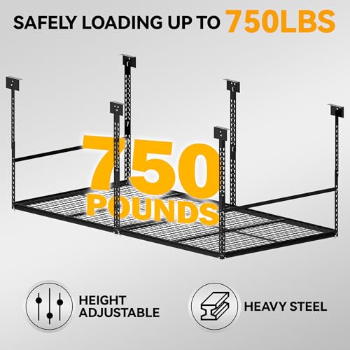 Image of 4x8 Ft Overhead Garage Storage Rack, 28-41 inch Height Adjustable Ceiling Mounted Organization Rack, 750 lbs Weight Capacity, 48 inchx96 inch Metal Rack for Garage Storage with Wire Decking
