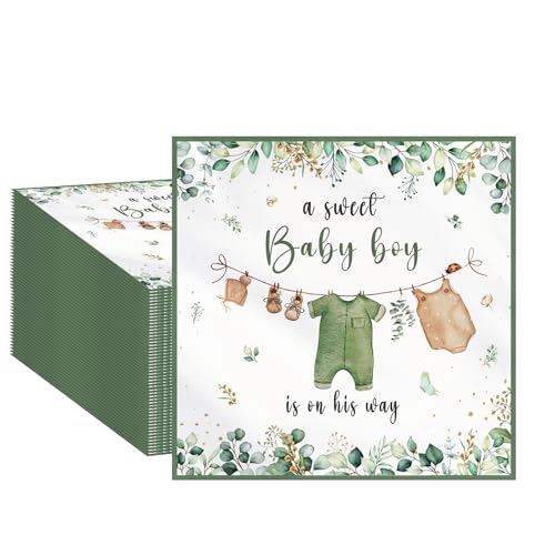 Kilyparty 50PCS Baby Shower Napkins Decoration,A Sweet Baby Boy Is On The Way Baby Shower Decoration,Watercolor Greenery Boys Babys Paper Napkins for Boy’s Gender Reveal Party Decoration (Green)