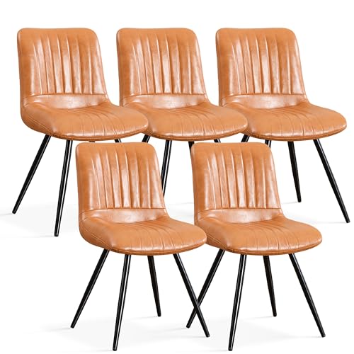 Image of Dining Chairs Set of 5, Modern Dining Chairs with Thick Cushions, PU Leather Upholstered Kitchen Dining Room Chairs with Metal Legs for Dining Living Room (Caramel)