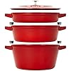 STAUB Cast Iron Set 4-pc, Stackable Space-Saving Cookware Set, Dutch Oven with Universal Lid, Made in France, Cherry