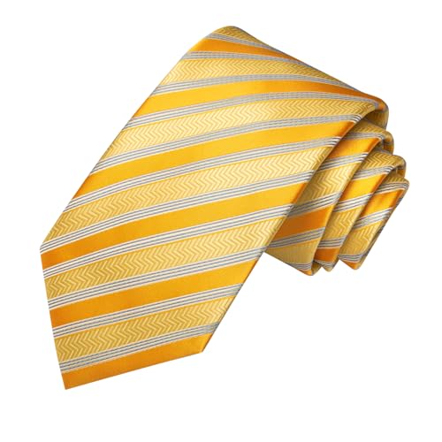 Image of Hi-Tie Yellow Striped Tie Mens Sets Silk Woven Necktie and Pocket Square Lapel Pin Silver Tie Clip Cufflinks Set Wedding Business 6PCS