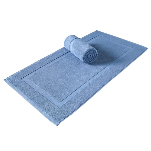 SALBAKOS 100% Turkish Cotton Bath Mat Set 2-Piece - 20x34 inch, Premium Quality Hotel & Spa Collection, Soft, Absorbent, Long Lasting, Durable Bathroom Rugs | Made in Turkey (Blue, 2 Bath Mats)