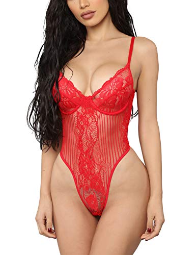 Aranmei Women Hollow Out Lace One Piece Bodysuit Teddy Lingerie (Wine Red, Large)