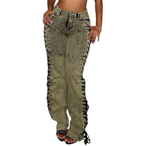 DINGANG High Waisted Sexy Jean for Women's Straight Leg Drawstring Lace Up Stretch Distressed Denim Pants Khaki Cover