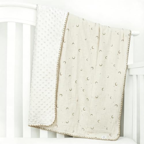 Image of Baby Blanket 40x40 Inches,Muslin Cotton and Minky Dotted Double Layer Soft Receiving Blanket for Newborn Toddler,Moon Star