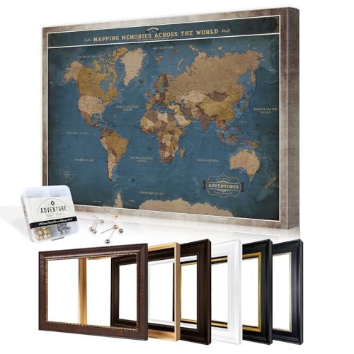 Image of DECORARTS - Oversized Personalized World Travel Map with Pins, Custom Name, Pin Board Canvas Wall Art, Navy Blue World Decor, Optional Wood Frame, Giclee Print, Handcrafted in USA, 40x30''