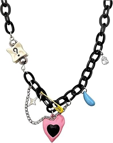 Vurotry 安全ピンネックレス 女性用 パンク ハート型 ペンダント ネックレス ブラック Y2K チャーム ネックレス トレンディ ストリートウェア ジュエリー, 2XL, ポリエステル, 宝石なし