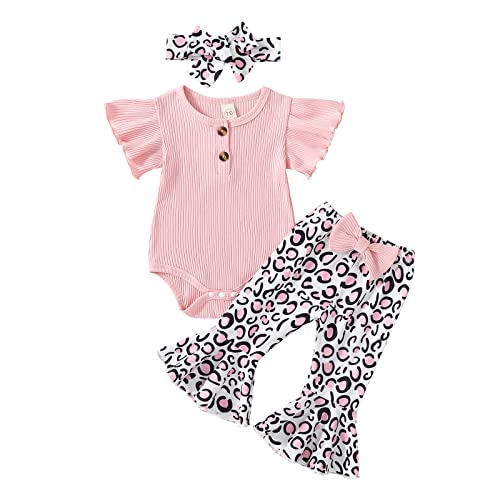 Image of Rommioluya Toddler Baby Girl Outfit Ribbed Ruffled Romper Leopard Flared Pants Newborn Baby Girl Clothes 0-12 Months
