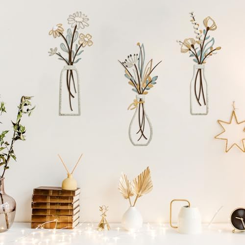 Pigort 3 Pieces Metal Flowers Wall Arts - Rustic Farmhouse Decor Beige Minimalist Flower Wall Decors for Living room Bathroom Bedroom Dining Room-Housewarming Gifts (Beige, Vase-C) - 5