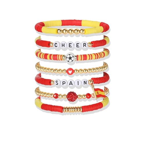 Poasrelax Spain Game Day Soccer Stackable Beaded Bracelets Red Yellow Gold Soccer Cheer Bracelet with SPAIN Country Letter Beads Football Fan Jewelry for Women Men Game Day Accessory(xibanya)