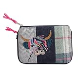 Earth Squared Porte monnaie en tweed avec appliques – Mouton, vache des Highlands, teckel, macaron, chat et motif floral – Portefeuille zippé en tweed patchwork avec deux compartiments, Vache Highland