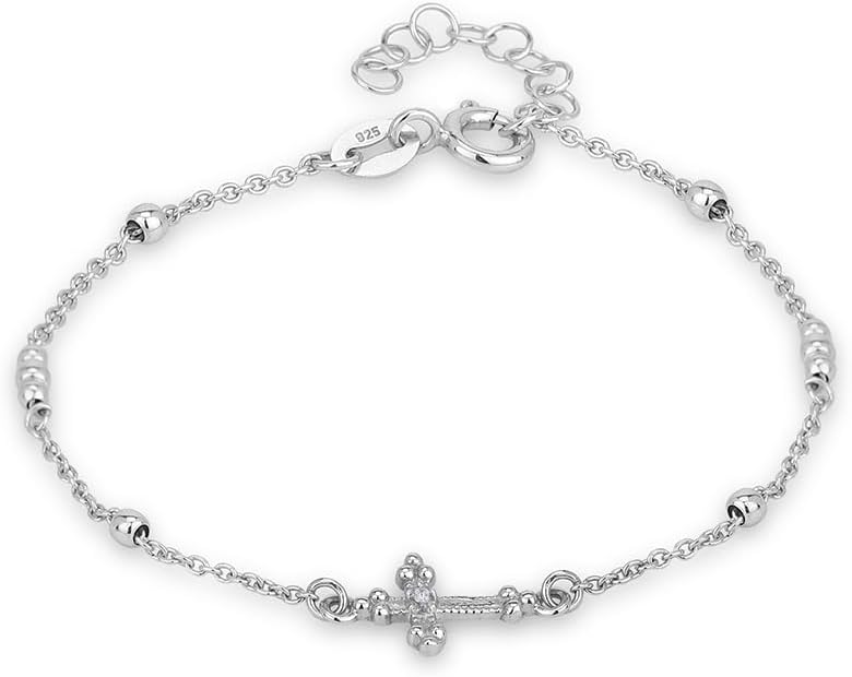 Vanbelle Sterling Silver Jewelry - Rhodium Plated with 925 Stamp - Studded Sideway Cross Bracelet with Cubic Zirconia Stones - Elegant Hand Bracelet for Women - 6.5" Long + 1" Extender